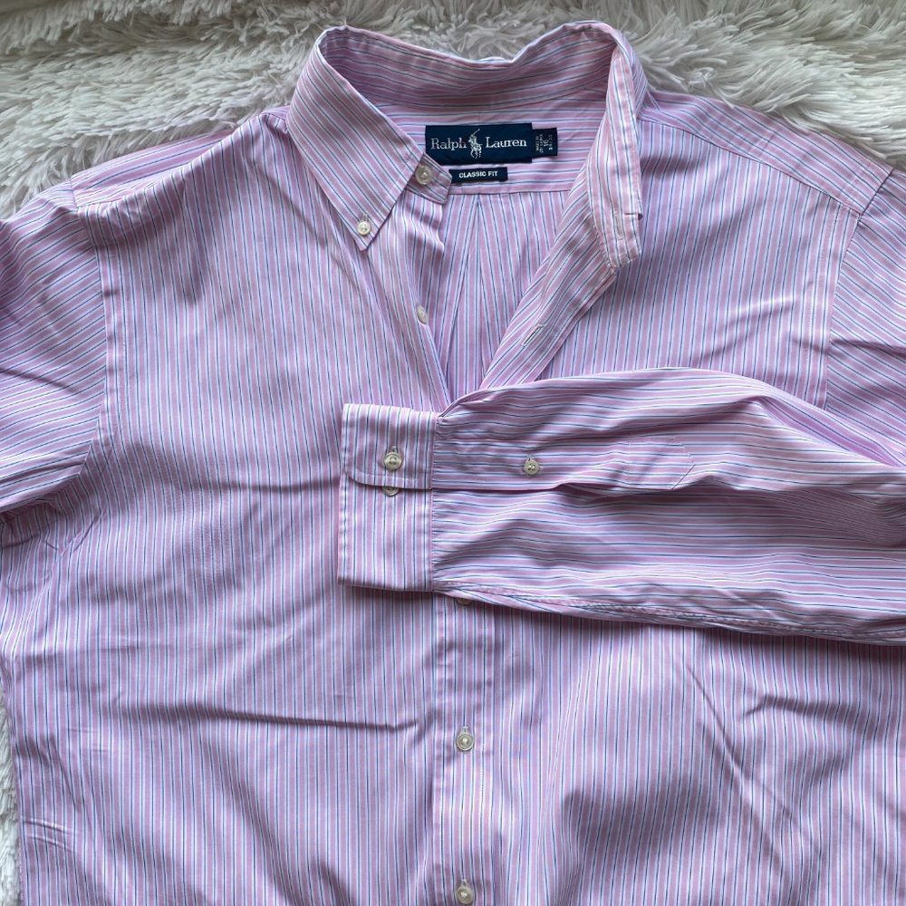 RALPH LAUREN Mens Classic Fit Button Down Shirt Pink White Striped 16 34/35